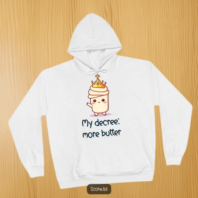 Funny hoodie showcasing a scone character in a tiny crown, standing regally, offering warmth and a dose of humorous royal charm.