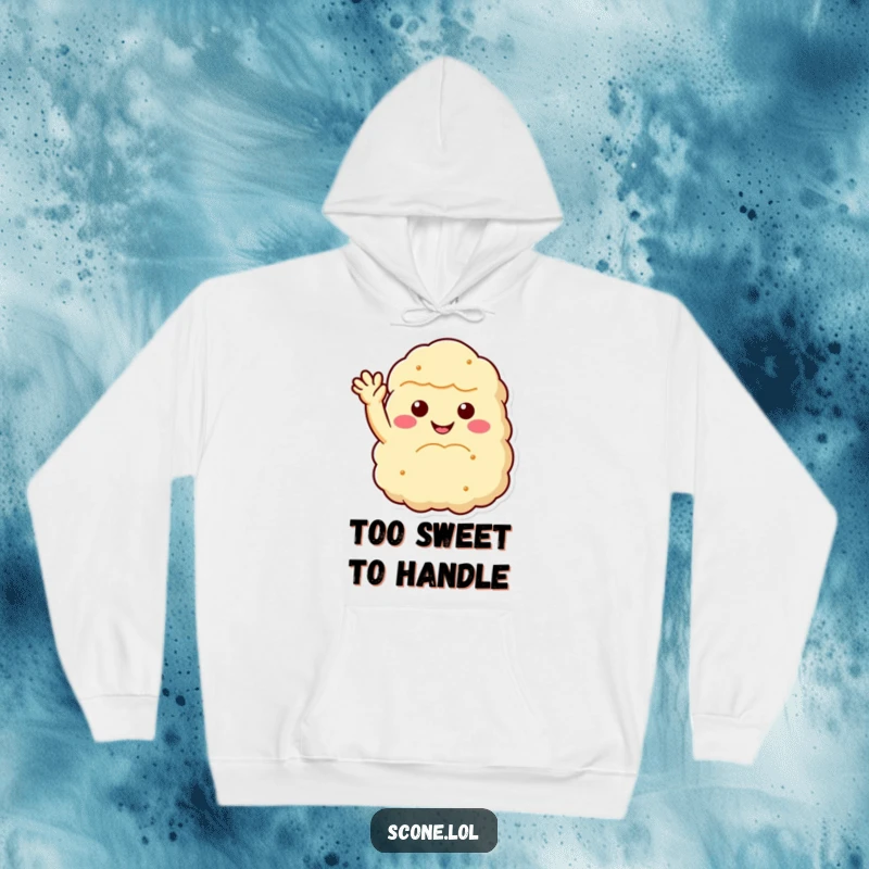 Funny scone hoodie with a fluffy, smiling scone cheerfully waving hello, offering warmth and humor as a funny gift for pastry lovers.