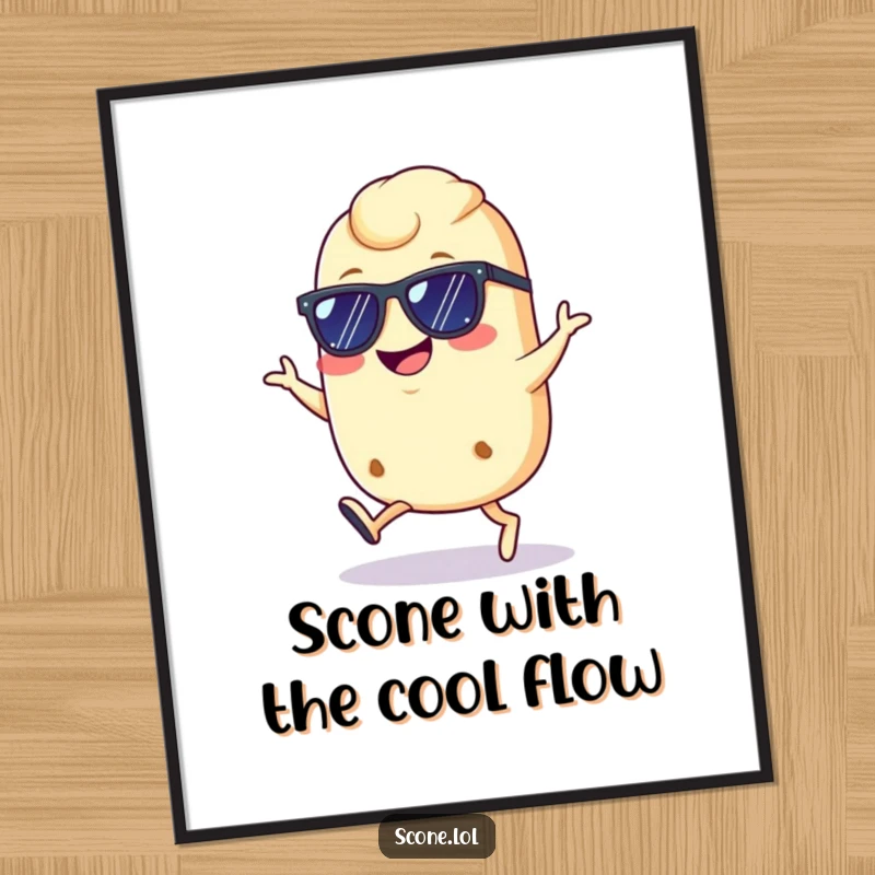 Funny Free Printable Wall Art of a scone rocking sunglasses, doing a confident hop with a grin, radiating coolness.