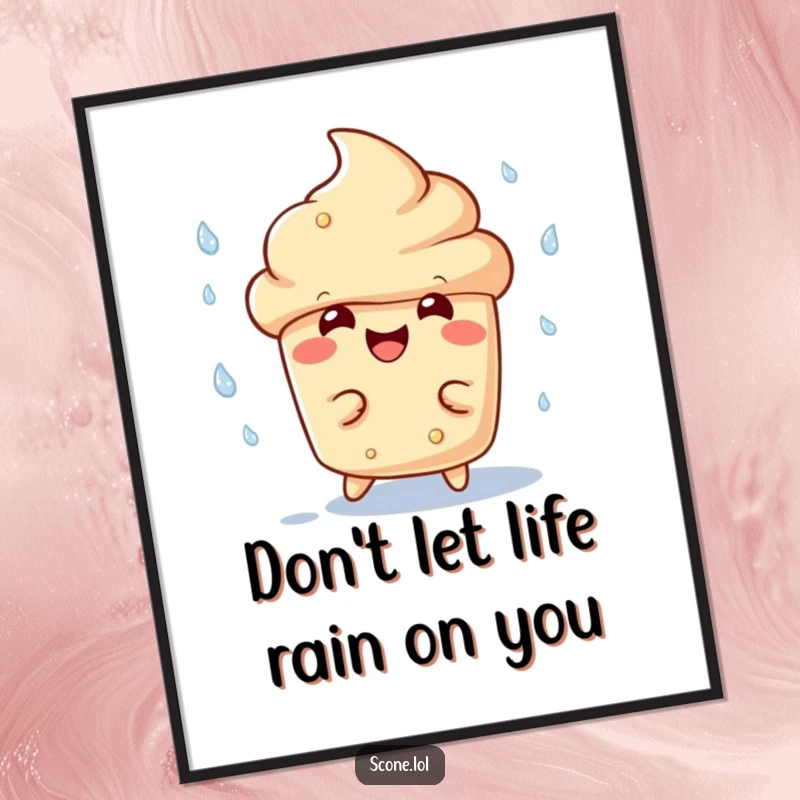 Funny free printable wall art of a scone character joyfully dodging raindrops with a wide, silly grin, perfect for quirky decor.