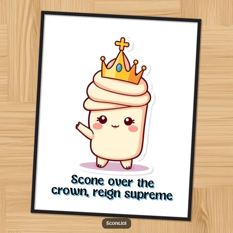 Funny Free Printable Wall Art: A scone character sits on a throne wearing a tiny crown, striking a regal pose.