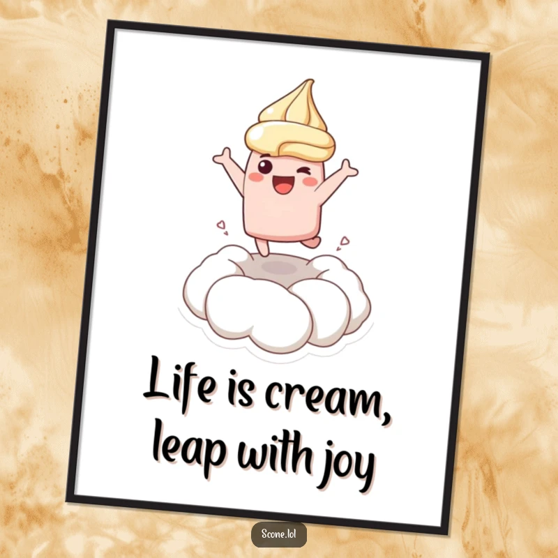 Funny Free Printable Wall Art: A scone character joyfully leaps into a large dollop of cream, capturing pure delight.