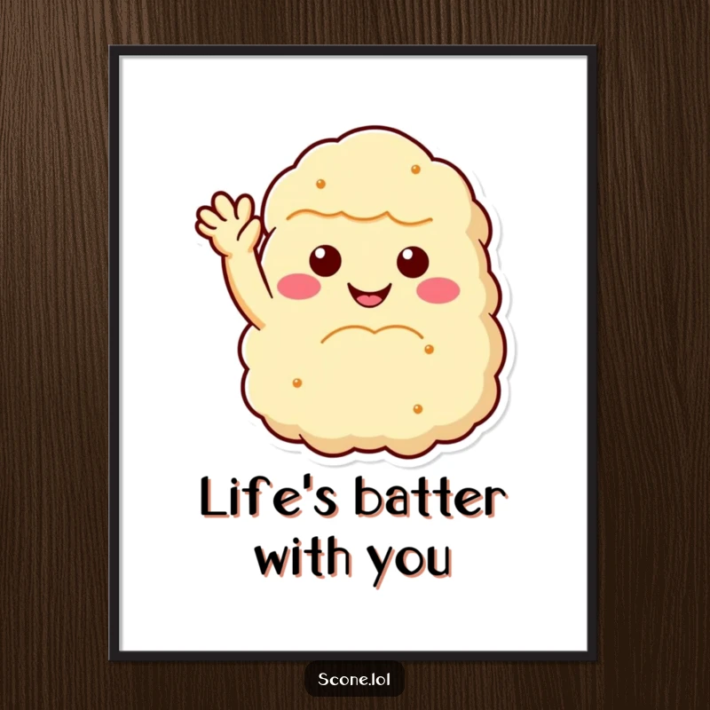 Funny Free Printable Wall Art: A fluffy scone with a joyful smile waves a warm and friendly greeting.