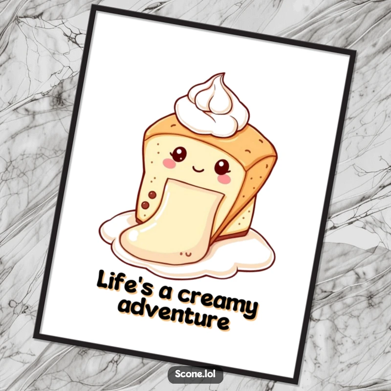 Funny Free Printable Wall Art: A scone is captured mid-slide, joyfully descending a fluffy dollop of cream.