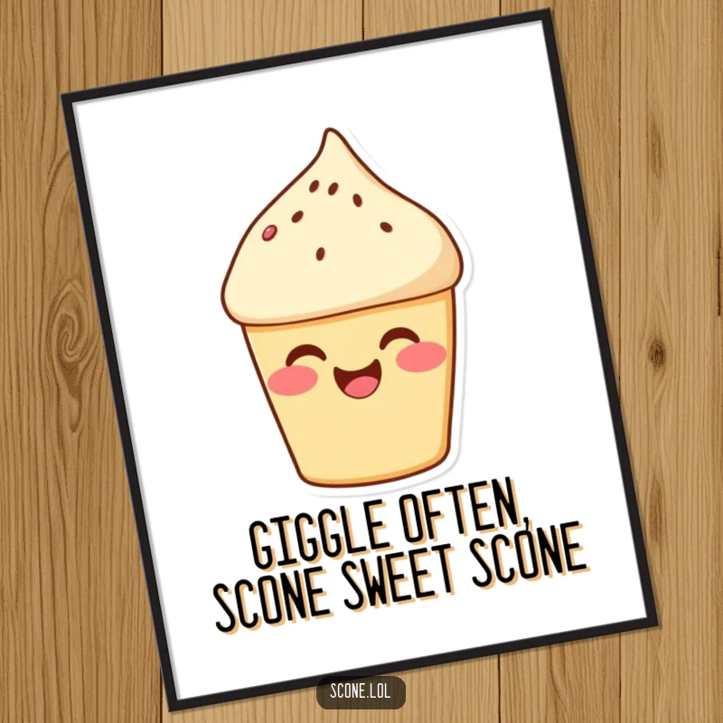 Funny free printable wall art of a scone with rosy cheeks caught giggling, perfect for kitchen decor.