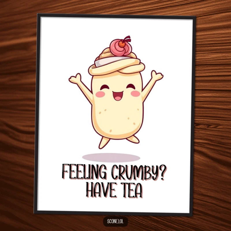 Funny Free Printable Wall Art: A scone wearing a charming teacup hat is captured mid-jump with glee.