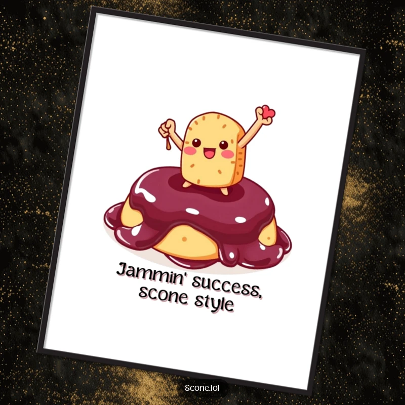 Funny Free Printable Scone Wall Art: Scone character striking a triumphant pose atop a dollop of jam, full of joy.