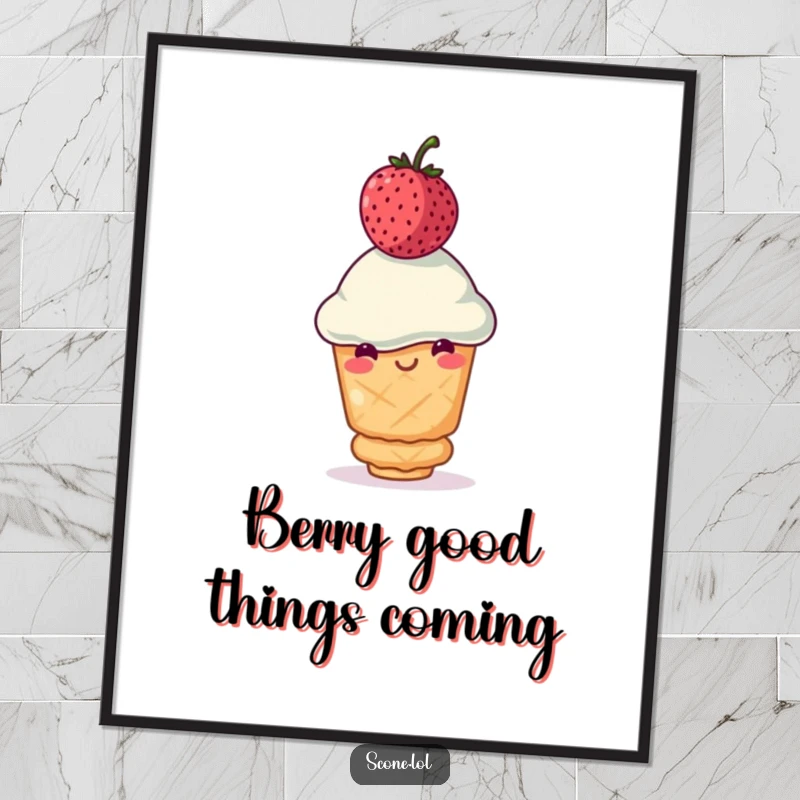 Funny Free Printable Wall Art: A smiling scone demonstrates impressive balance, holding a wobbly berry aloft.