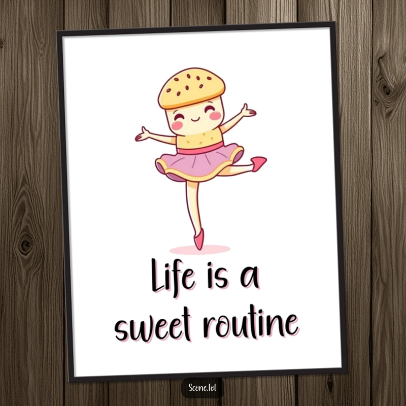 Funny Free Printable Wall Art: A scone captured mid-pirouette, showing surprising grace despite its delightfully crumbly nature.