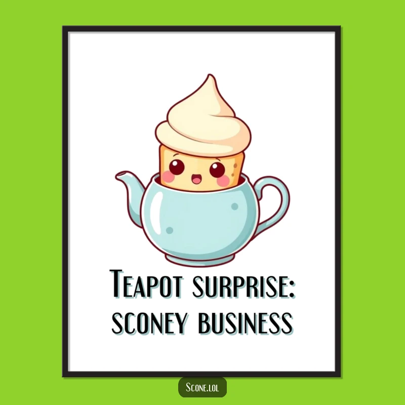 Add whimsical fun to your walls with this free printable art of a scone popping out of a teapot, surprised! A unique, downloadable piece for your home.