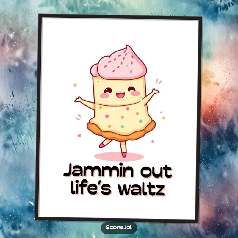 Funny Free Printable Wall Art: A scone performs a whimsical pirouette, jam swirling beautifully. Artistic and humorous downloadable decor.
