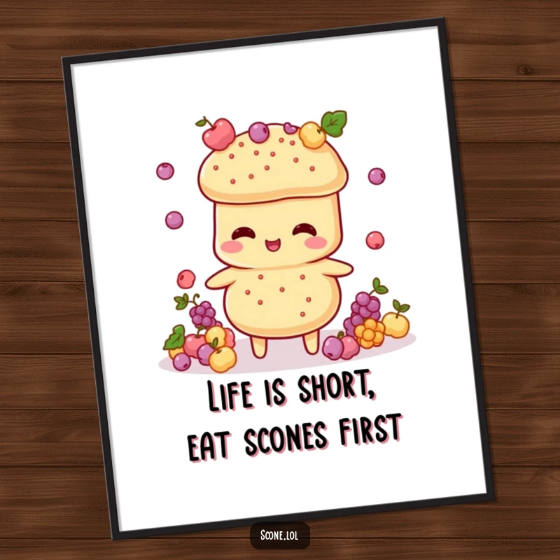 Funny Free Printable Wall Art: A scone character energetically juggles tiny currant decorations, creating a playful, artistic display.