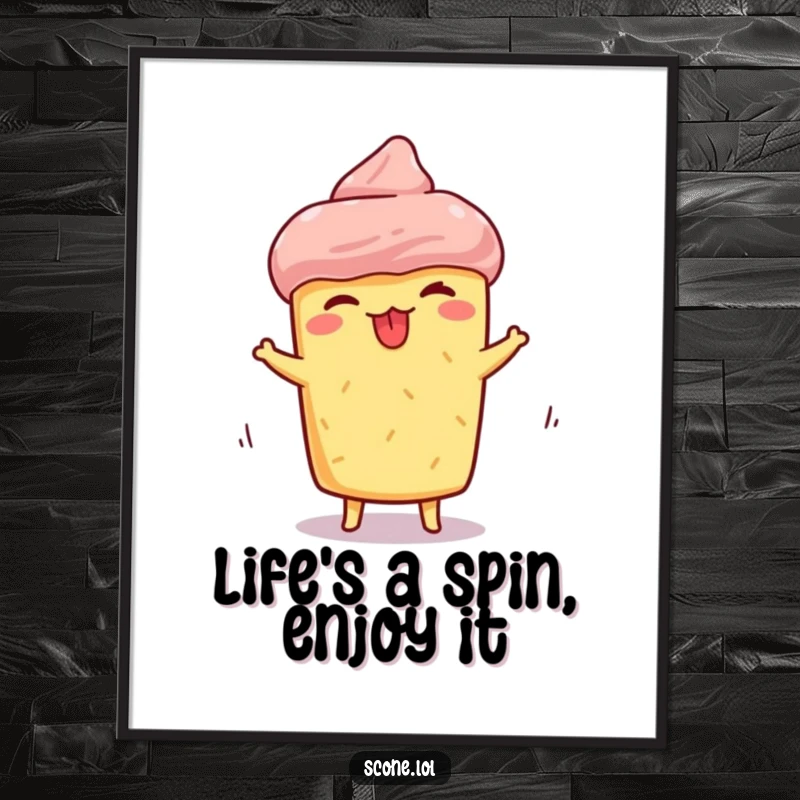 Funny Free Printable Wall Art of a scone making a silly face, tongue sticking out, spinning with a humorous expression.