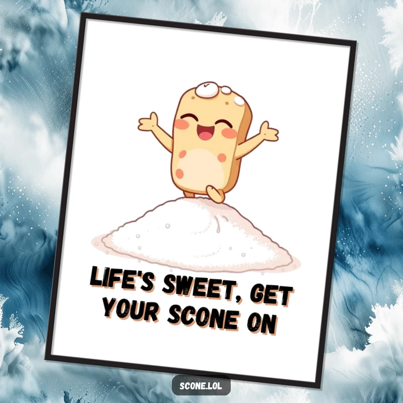 Funny Free Printable Wall Art featuring a giggling scone gleefully hopping on a mound of sugar, radiating pure joy.