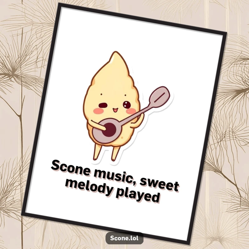 Funny Free Printable Wall Art: A scone character plays a tiny spoon like a musical instrument, creating a joyful melody.