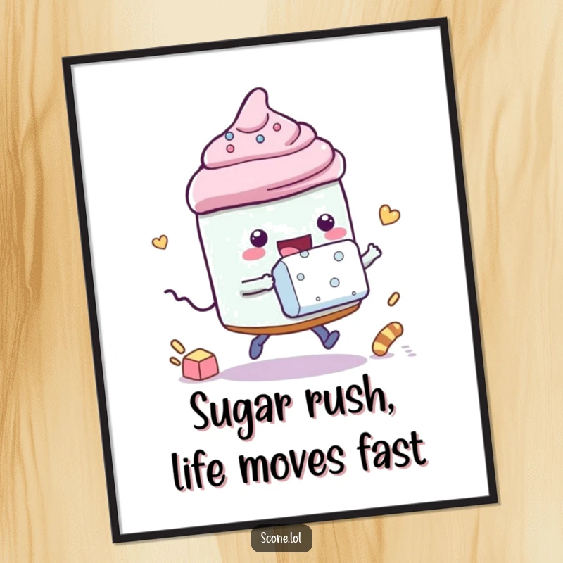Funny Free Printable Wall Art: A scone character is in a playful race against a small sugar cube, looking competitive.