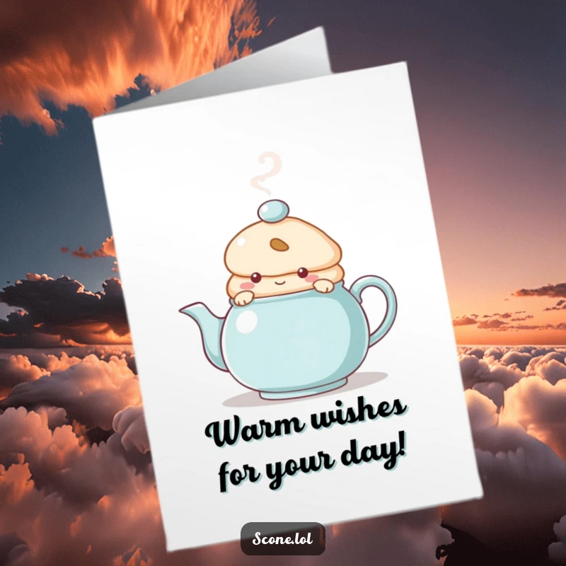 Funny Free Printable Birthday Card showing a scone character curiously peeking from behind a steaming teapot, ready for tea.