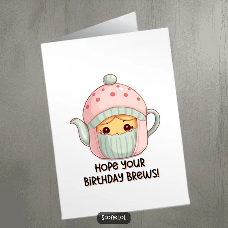 Funny Free Printable Birthday Card: A scone peeking out from under a tea cozy with wide, curious eyes.