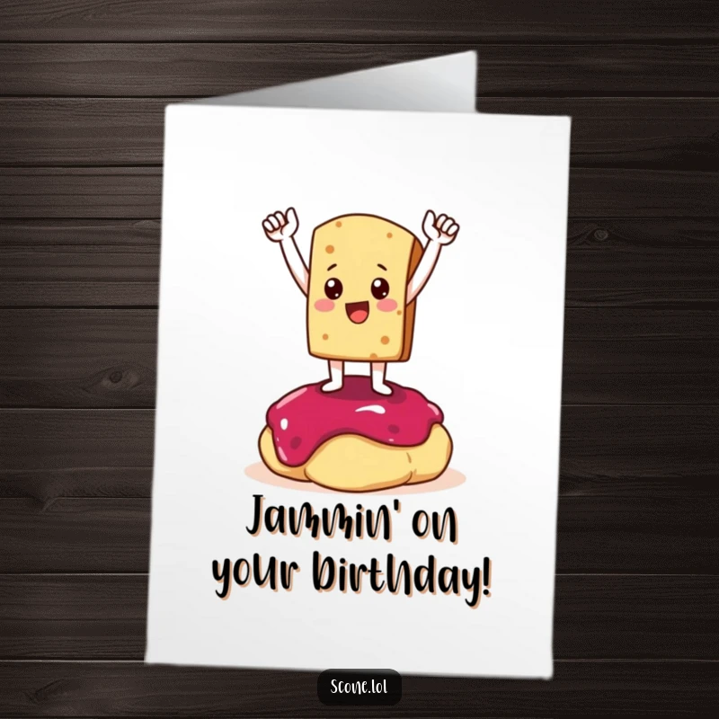 Funny Free Printable Birthday Card: Scone character standing triumphantly atop a generous dollop of bright red jam.