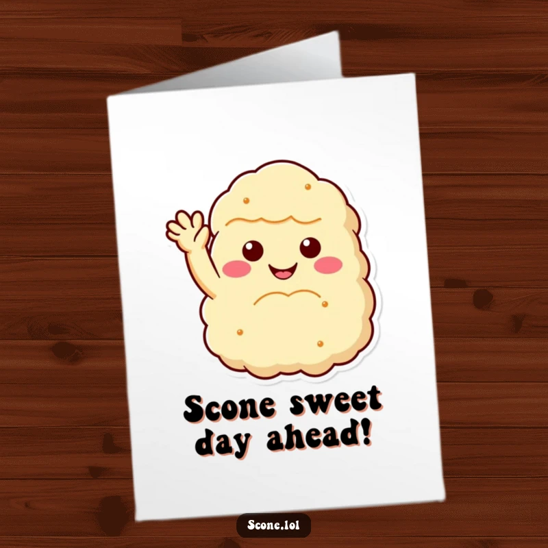 Funny Free Printable Birthday Card: A fluffy smiling scone cheerfully waves hello, ready to celebrate.