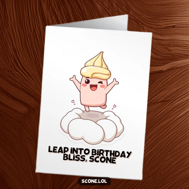 Funny Free Printable Birthday Card: A scone character joyfully leaps headfirst into a fluffy dollop of whipped cream.