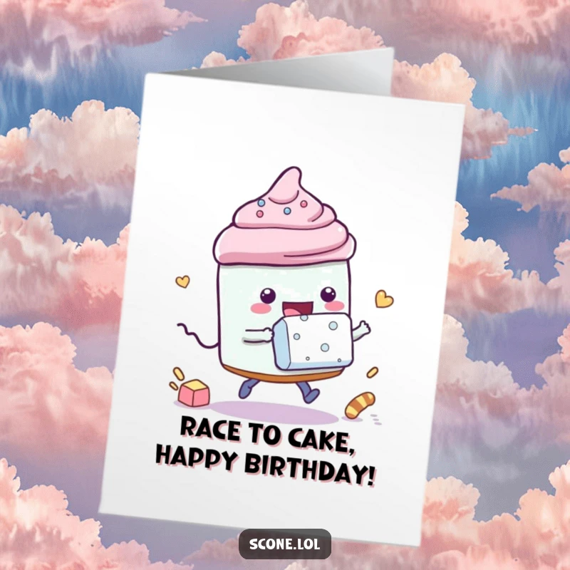 Funny Free Printable Birthday Card: A scone character races playfully against a small sugar cube, both looking determined.