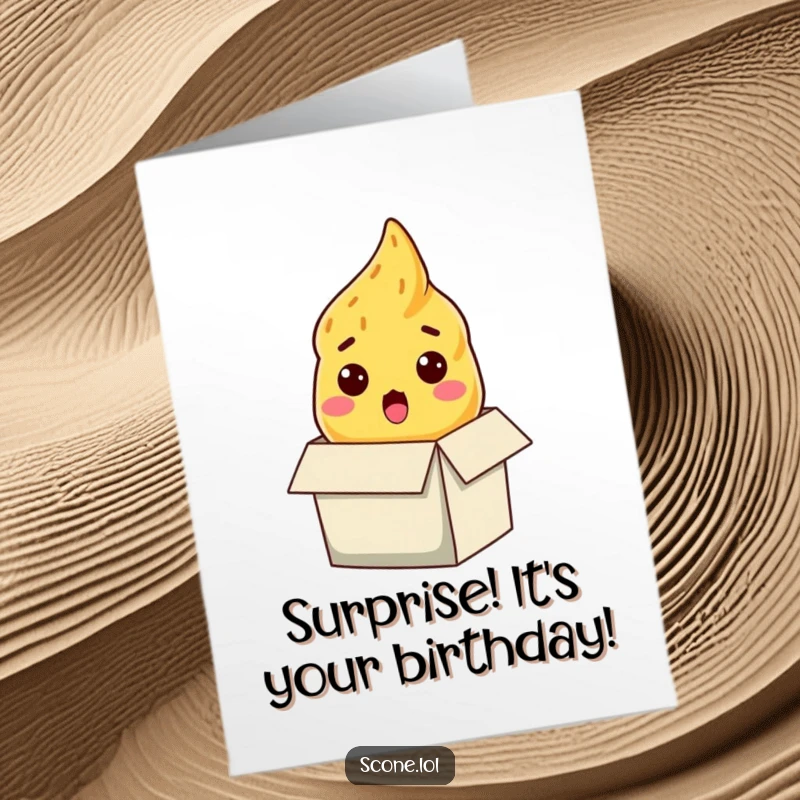 Funny Free Printable Birthday Card: A scone with wide eyes pops unexpectedly from an open gift box, hilariously surprised.