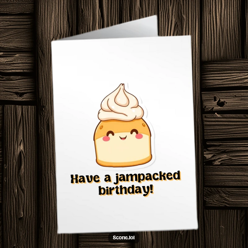 Funny Free Printable Birthday Card: A scone wearing cream like a hat, beaming with joy, perfect for a birthday.