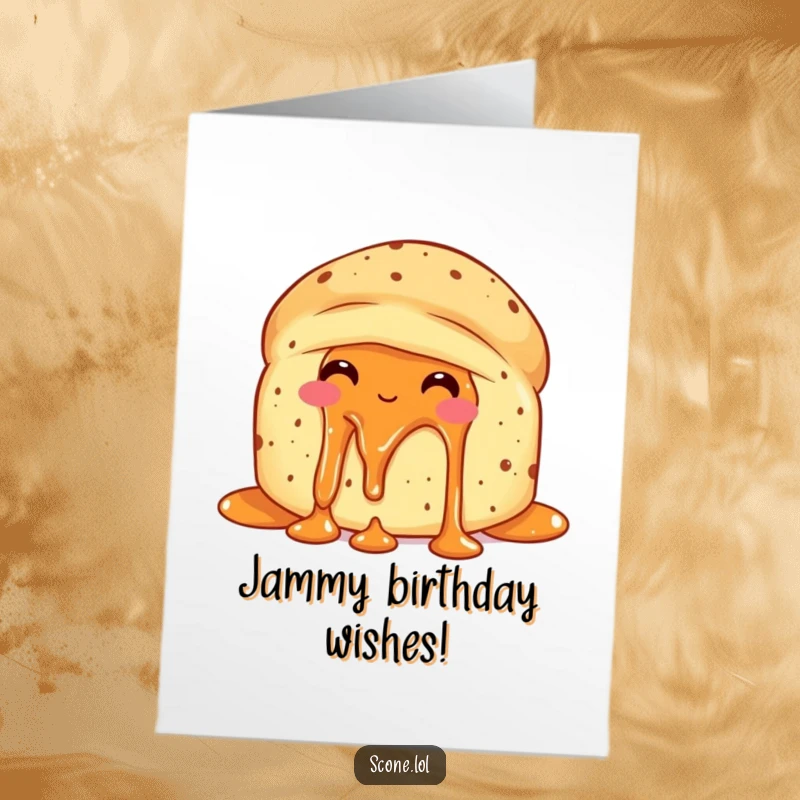 Funny Free Printable Birthday Card: A scone with jam dripping, looking incredibly pleased with its messy indulgence.
