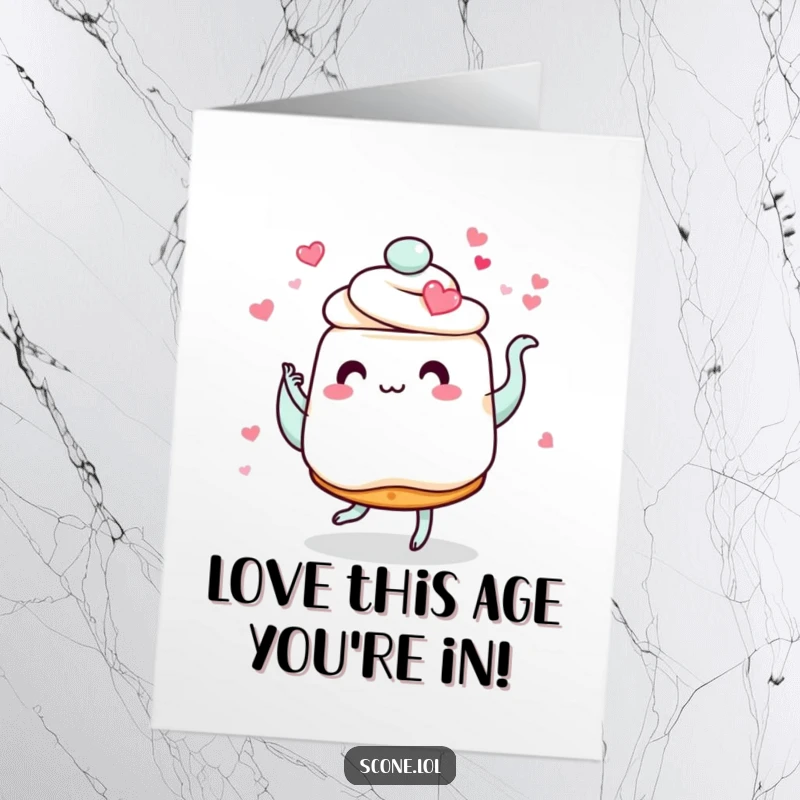 Funny Free Printable Birthday Card showing a scone with heart eyes dancing joyfully with a swirling teapot, celebrating love.