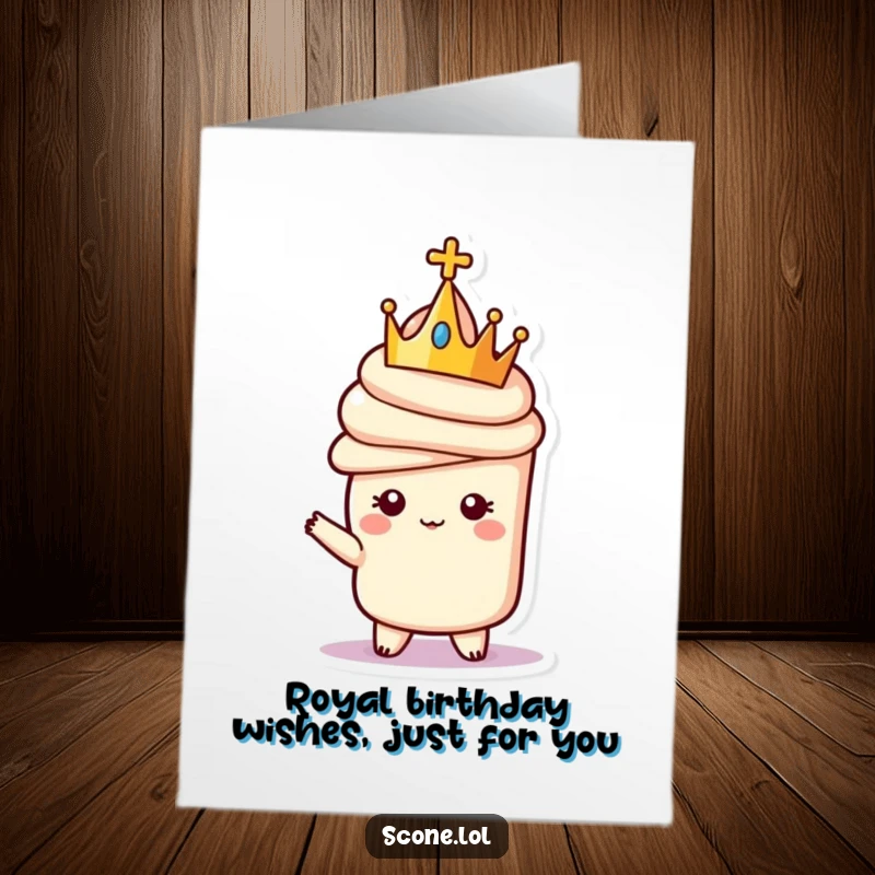 Funny Free Printable Birthday Card: A scone in a crown poses regally, exuding queenly charm for your special day.