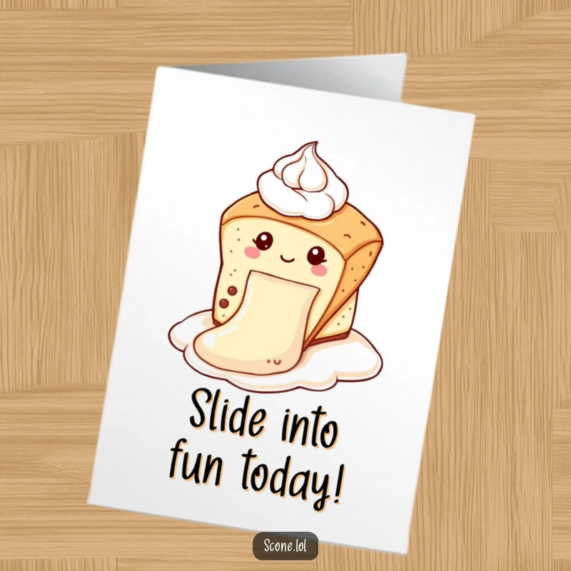 Funny Free Printable Birthday Card: A scone gleefully slides down a fluffy dollop of cream like a playground.