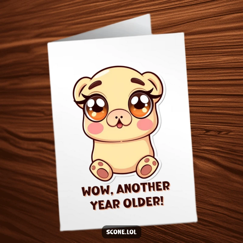 Funny Free Printable Birthday Card featuring a scone character with wide, sugary, surprised eyes, a delightful shock.