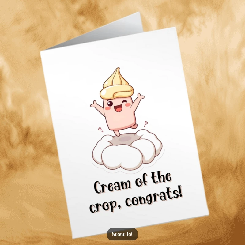 Funny Free Printable Congratulations Card: A scone happily leaps into a big cloud of whipped cream, celebrating a win.