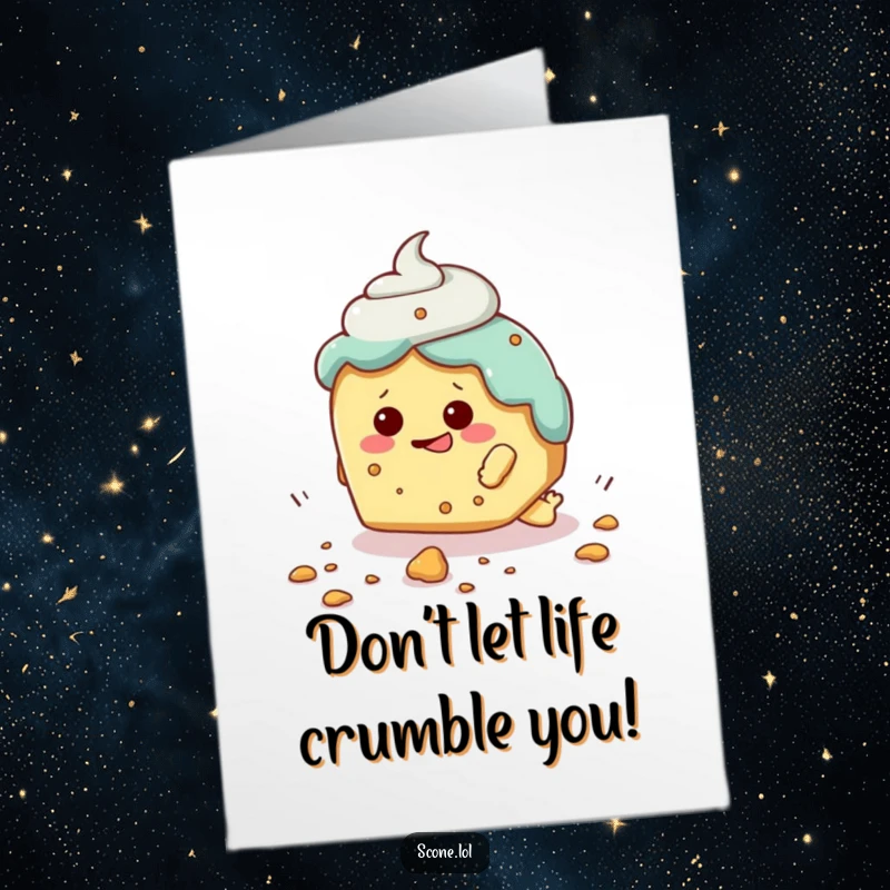 Funny Free Printable Congratulations Card: A scone character comically tripping over a small crumb, arms flailing.