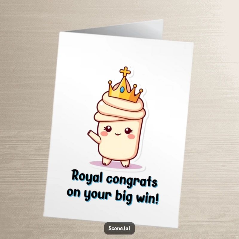 Funny Free Printable Congratulations Card: A scone wearing a tiny crown poses with majestic pride for your big win.