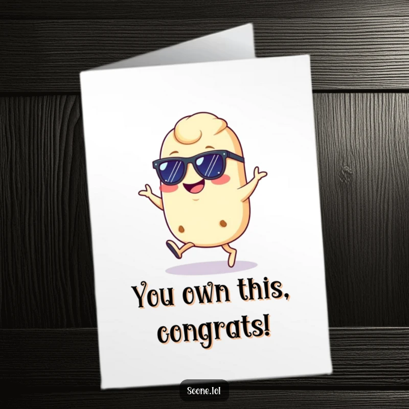 Funny Free Printable Congrats Card showing a scone wearing sunglasses, hopping with a confident grin, celebrating a win.