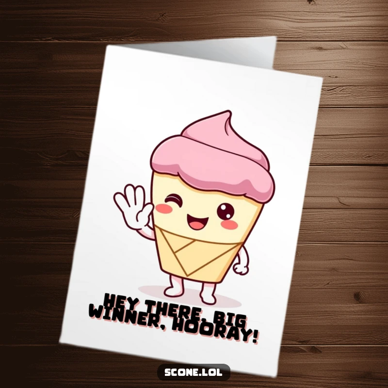 Funny Free Printable Congratulations Card featuring a scone character politely waving with its pastry hand, a friendly congratulatory gesture.