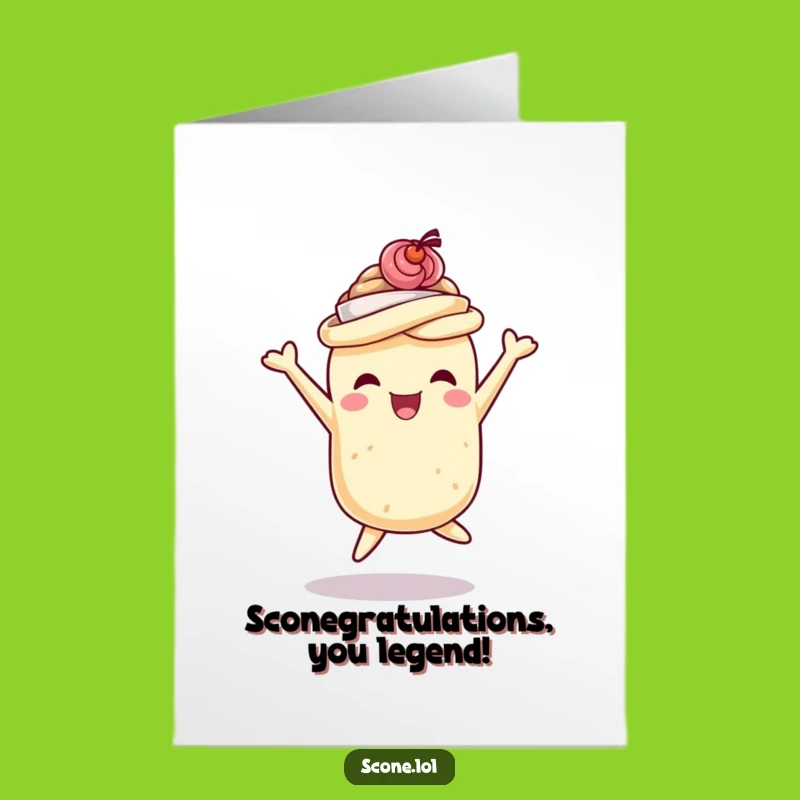 Celebrate big wins with this free printable congratulations card featuring a scone in a teacup hat, mid-leap! Print at home for instant party vibes.