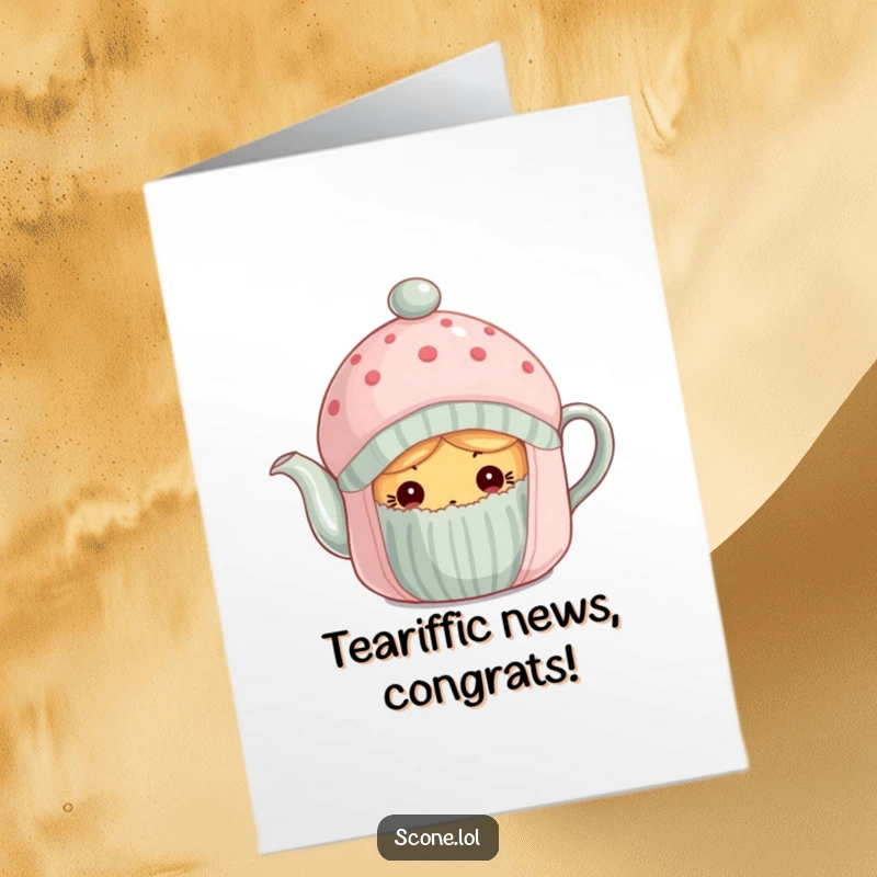 Funny Free Printable Congratulations Card: A scone with eyes full of curiosity, peeking out from beneath a cozy tea cozy.