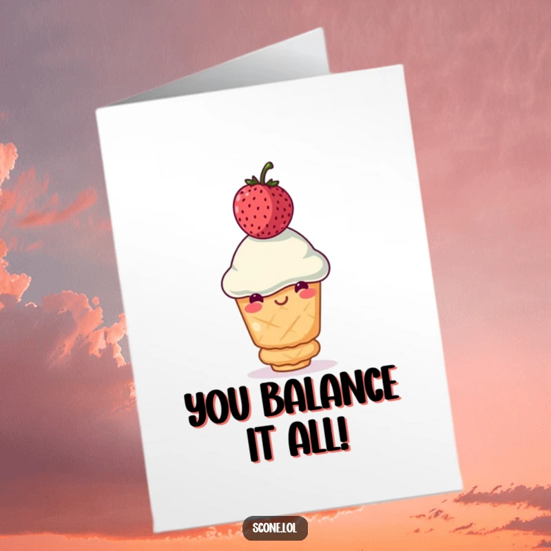 Funny Free Printable Congratulations Card: A scone with a determined smile holds a precariously balanced wobbly berry.