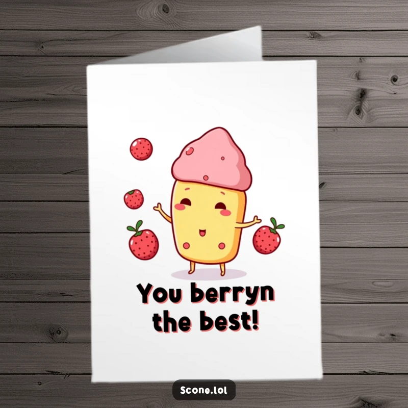 Funny free printable congratulations card of a scone character skillfully juggling three small berries.