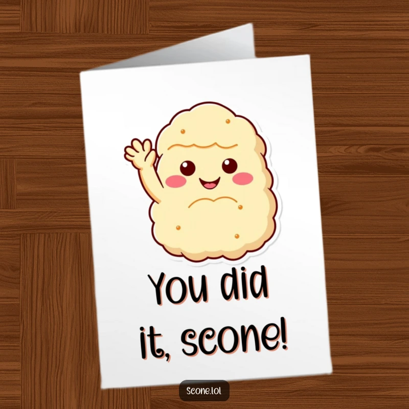 Funny Free Printable Congratulations Card: A fluffy scone with a smiling face waves a cheerful greeting.