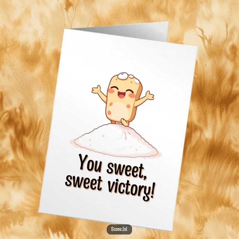 Funny Free Printable Congrats Card showing a gleeful scone bouncing with excitement on sugar, celebrating success.