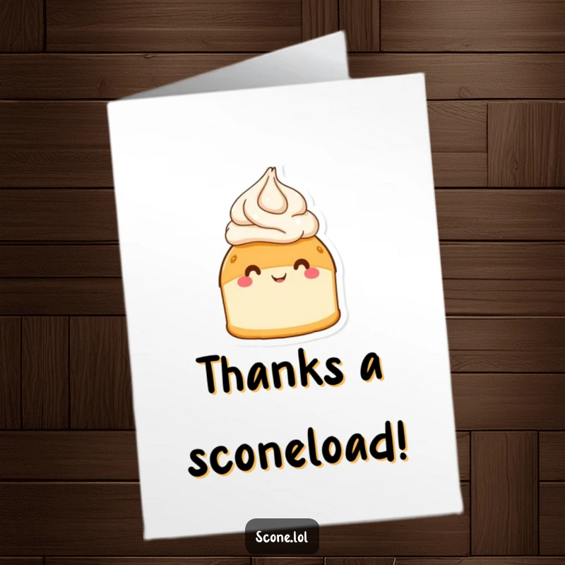 Funny Free Printable Thank You Card: A beaming scone wearing a dollop of cream as a hat, expressing thanks.