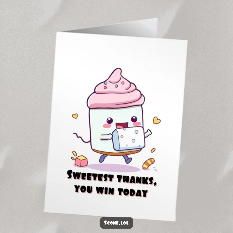 Funny Free Printable Thank You Card: A scone character in a playful race with a sugar cube expresses thanks.