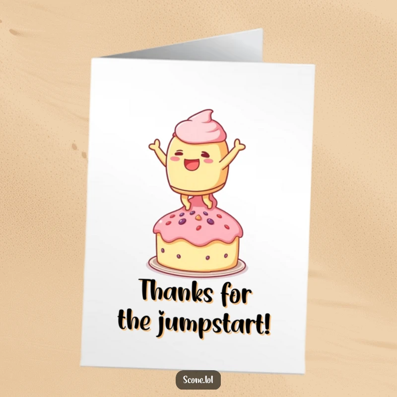 Funny Free Printable Thank You Card: A scone character leaps joyfully onto a small teacake, conveying enthusiastic gratitude.