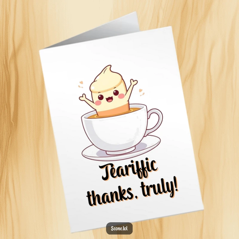Funny Free Printable Thank You Card: A scone character joyfully leaps into a steamy cup of tea.