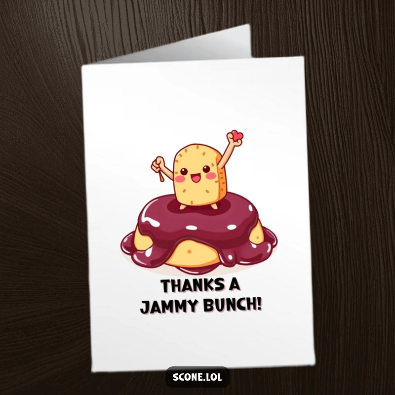 Funny Free Printable Scone Thank You Card: Scone character posing triumphantly on jam, conveying heartfelt thanks.