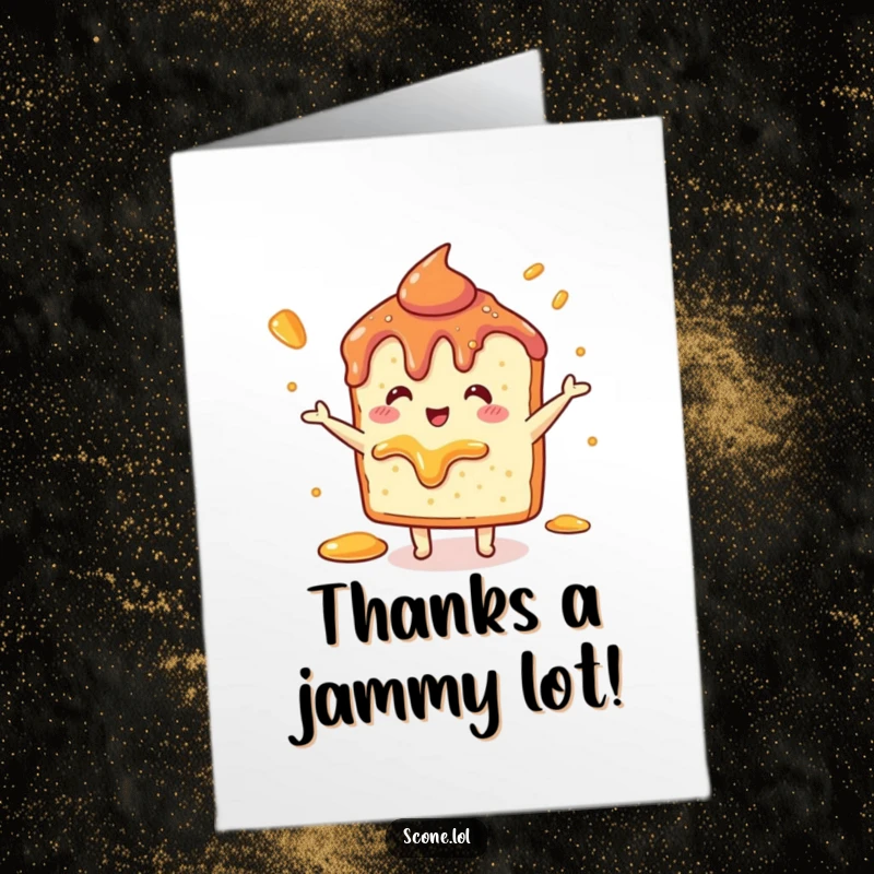Funny free printable thank you card featuring a scone celebrating with a delightful jam dance.